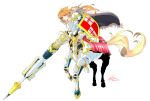  1girl android armor bangs barding blonde_hair blunt_bangs breasts cape centaur closed_mouth collarbone commentary_request dated full_armor full_body fur-trimmed_cape fur_trim grey_cape groin highres holding holding_lance holding_polearm holding_shield holding_weapon horse_tail joints knight lance long_hair looking_to_the_side multiple_legs original polearm red_eyes robot_joints shield shin_guards shoulder_armor sidelocks signature simple_background solo standing standing_on_three_legs tail thick_eyebrows weapon white_armor white_background zippedsquire 