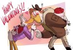  anatid anseriform anthro avian bent_over bird bottomless bottomwear candy clothed clothing darkwing_duck darkwing_duck_(character) disney drake_mallard duck duo eyes_closed flower food hi_res holidays kissing kissing_with_both_sets_of_lips launchpad_mcquack male male/male necktie pants plant tartwing valentine&#039;s_day wide_eyed 