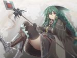  1girl armored_boots ass belt_buckle black_legwear boots braid breasts bright_pupils buckle dress feathers green_hair holding holding_lance holding_polearm holding_weapon impossible_clothes impossible_dress lance large_breasts long_hair looking_at_viewer original polearm red_eyes sidelocks solo thighhighs thighs very_long_hair weapon white_pupils yonaga 
