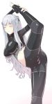  1girl ak-12_(girls_frontline) ass bangs black_ribbon blush braid closed_eyes eyebrows_visible_through_hair flexible from_side girls_frontline groin hair_ribbon hand_on_own_leg kageshio_(276006) long_hair navel parted_lips ponytail ribbon shirt sidelocks silver_hair simple_background smile solo standing standing_on_one_leg taut_clothes taut_pants taut_shirt very_long_hair white_background 
