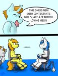  2018 anatomically_correct anatomically_correct_genitalia anatomically_correct_penis animal_genitalia animal_penis awkward bdsm blue_background blue_eyes blue_hair bondage bound braeburn_(mlp) brown_hair bustier chair chair_bondage clothed clothing comic crossdressing dialogue english_text equid equine equine_penis fan_character feral friendship_is_magic fur furniture genitals girly gloves green_body green_eyes green_fur grey_body grey_fur group hair half-erect hands_together handwear hasbro hi_res hooves horn horse_tail killian_joy latex_gloves lipstick looking_at_another makeup male male/male mammal mostly_offscreen_character my_little_pony napkin one_eye_closed open_mouth orange_hair penis pink_tongue ponytail robotic_arm semi-anthro shining_armor_(mlp) simple_background spanking_machine speech_bubble text tongue unicorn unicorn_horn white_body white_fur wiping_mouth yellow_body yellow_fur 