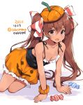  1girl black_tank_top breasts brown_eyes brown_hair candy cleavage collarbone commentary_request cowboy_shot dated fang food halloween_costume kantai_collection libeccio_(kantai_collection) long_hair odawara_hakone orange_headwear orange_scrunchie orange_skirt pumpkin_skirt scrunchie simple_background sitting skin_fang skirt small_breasts smile solo tan tank_top twintails twitter_username white_background wrist_scrunchie yokozuwari 