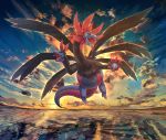  black_sclera cloud commentary_request dragon fangs floating full_body gen_5_pokemon highres hydreigon levitation nagakura_(seven_walkers) no_humans open_mouth outdoors pokemon pokemon_(creature) red_eyes sky solo sunset tongue 