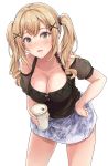  1girl bang_dream! bangs black_shirt blonde_hair breasts casual cleavage coffee_cup commentary_request cowboy_shot cup disposable_cup hair_ornament hand_on_hip highres holding holding_cup ichigaya_arisa large_breasts long_hair looking_at_viewer open_mouth shirt skirt solo suisen_toire_(moko924) twintails x_hair_ornament yellow_eyes 