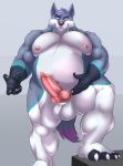  anthro balls belly big_balls big_penis canid canine canis chubby_male ear_piercing ear_ring erection fur furniture genitals hi_res knot male mammal muscular muscular_anthro muscular_male overweight overweight_anthro overweight_male penis piercing slightly_chubby solo taighet_28 thick_penis winter_(oc) wolf 