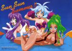  1990s_(style) 3girls ahoge all_fours artist_name bikini blue_eyes breasts cello_(lamune) cleavage drum_(lamune) earrings eyebrows_visible_through_hair fangs flipped_hair gloves green_eyes green_hair green_nails high_heels high_ponytail jewelry kotobuki_tsukasa large_breasts light_blue_hair lipstick long_hair looking_at_viewer lying makeup medium_breasts multiple_girls nail_polish navel official_art on_side open_mouth orange_bikini purple_hair red_lipstick red_swimsuit sidelocks slingshot_swimsuit small_breasts swimsuit trumpet_(lamune) vs_knight_lamune_&amp;_40_fire w wristband yellow_eyes 
