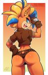  2020 activision anthro bandicoot black_nose blue_eyes butt clothed clothing crash_bandicoot_(series) ear_piercing ear_ring eyelashes female fingerless_gloves gloves gradient_background hair handwear jacket lingerie looking_at_viewer looking_back mammal marsupial multicolored_hair open_mouth panties piercing pirate_tawna rear_view simple_background solo tawna_bandicoot the_other_half topwear two_tone_hair underwear video_games 
