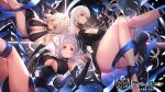  3girls alternate_costume artist_name azur_lane bangle bangs bare_shoulders belfast_(azur_lane) belfast_(the_noble_attendant)_(azur_lane) black_dress blue_ribbon blush bracelet braid breasts bug butterfly chain cleavage clothing_cutout collarbone detached_sleeves dido_(azur_lane) dress eyebrows_visible_through_hair flower game_cg hair_between_eyes halter_dress halterneck highres insect jewelry kakage large_breasts long_hair looking_at_viewer multiple_girls official_art purple_eyes red_eyes ribbon rose sidelocks silver_hair sirius_(azur_lane) sleeveless sleeves_past_wrists smile thighs underboob underboob_cutout white_flower white_hair white_rose 