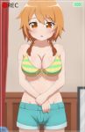  1girl absurdres bangs bare_shoulders battery_indicator bikini bikini_top blurry blurry_background blush braid breasts cleavage collarbone cowboy_shot curtains eyebrows_visible_through_hair groin hair_between_eyes hand_on_own_wrist highres indoors looking_at_viewer natsuki_hinata orange_eyes orange_hair parted_lips poa_mellhen recording short_shorts shorts striped striped_bikini sweat swimsuit tonari_no_kyuuketsuki-san twin_braids 