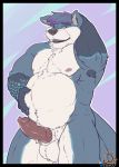  anthro balls belly big_penis canid canine canis chubby_male ear_piercing ear_ring erection exawolf fur furniture genitals hi_res knot male mammal muscular muscular_anthro muscular_male overweight overweight_anthro overweight_male penis piercing slightly_chubby solo thick_penis winter_(oc) wolf 