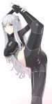  1girl ak-12_(girls_frontline) artificial_eye ass bangs black_ribbon blush braid eyebrows_visible_through_hair flexible from_side girls_frontline groin hair_ribbon hand_on_own_leg kageshio_(276006) long_hair mechanical_eye navel parted_lips ponytail purple_eyes ribbon shirt sidelocks silver_hair simple_background smile solo standing standing_on_one_leg taut_clothes taut_pants taut_shirt very_long_hair white_background 