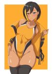  1girl black_hair black_legwear blonde_hair blue_eyes border breasts commentary_request competition_swimsuit covered_navel dark_skin heterochromia highleg highleg_swimsuit highres leaning_to_the_side looking_at_viewer multicolored_hair namamii one-piece_swimsuit orange_background orange_swimsuit original small_breasts solo streaked_hair swimsuit thighhighs two-tone_background two-tone_hair two-tone_jacket white_border yellow_eyes 