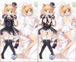  1girl animal_ear_fluff animal_ears arknights ayase_midori bangs bed_sheet black_gloves black_headwear black_legwear black_neckwear black_skirt black_vest blonde_hair blush bottomless breasts cat_ears cat_girl cat_tail censored character_censor collared_shirt commentary_request dakimakura diagonal_stripes eyebrows_visible_through_hair fingerless_gloves frilled_skirt frilled_sleeves frills gloves green_eyes groin hands_up hat hat_removed headwear_removed long_sleeves lying medium_breasts mini_hat mousse_(arknights) multicolored_hair multiple_tails multiple_views naked_shirt necktie nipples no_shoes nose_blush novelty_censor off_shoulder on_back on_side open_clothes open_mouth open_shirt paw_pose shirt short_hair skirt striped swept_bangs tail thighhighs tongue tongue_out two-tone_hair two_tails vest white_hair white_shirt yarn yarn_ball 