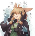  1girl ahoge animal_ears arknights black_jacket blonde_hair blush bunny_ears closed_eyes commentary_request disembodied_limb eyebrows_visible_through_hair green_shirt hair_between_eyes hair_ornament hairclip highres jacket kroos_(arknights) messy_hair open_mouth shirt smile sweatdrop translation_request yonaga 