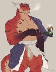 abs anthro asian_clothing clothing dragon east_asian_clothing fundoshi hi_res horn japanese_clothing looking_at_viewer male markings muscular muscular_anthro muscular_male nipples pecs pipe red_body repzzmonster scalie simple_background slit smoking smoking_pipe solo standing stripes underwear wet wet_clothing wet_underwear wingless_dragon 