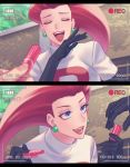  1girl absurdres battery_indicator black_gloves blue_eyes closed_eyes commentary_request dated earrings elbow_gloves eyelashes gi_xxy gloves hand_up highres holding holding_pen jessie_(pokemon) jewelry lipstick long_hair makeup number open_mouth pen pokemon pokemon_(anime) recording red_hair red_lips team_rocket team_rocket_uniform teeth tongue turtleneck upper_body viewfinder 