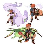  1boy black_hair collared_shirt commentary_request fang flygon gen_3_pokemon gen_6_pokemon goodra gym_leader hug hug_from_behind knees looking_to_the_side multiple_views newo_(shinra-p) open_mouth orange_headwear pokemon pokemon_(creature) pokemon_(game) pokemon_swsh raihan_(pokemon) shirt short_sleeves shorts side_slit side_slit_shorts slime smile tongue torkoal white_background 