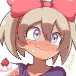  /\/\/\ 1girl bangs bea_(pokemon) blonde_hair blush bow_hairband cake cake_slice closed_mouth collarbone commentary eyelashes food food_on_face hair_between_eyes hairband kurachi_mizuki looking_to_the_side pink_hairband pokemon pokemon_(game) pokemon_swsh portrait purple_shirt shiny shiny_hair shirt short_hair silver_eyes simple_background smile solo sweat wavy_mouth white_background 