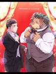  2boys adjusting_clothes adjusting_necktie adjusting_neckwear alternate_costume animal_ears anniversary arsalan_(tokyo_houkago_summoners) bara beard black_hair blonde_hair blush brown_fur contemporary copyright_name couple cowboy_shot facial_hair fingernails formal furry green_hair halo highres lion_boy lion_ears male_focus medium_hair multicolored_hair multiple_boys muscle necktie sharp_fingernails short_hair stubble tokyo_houkago_summoners two-tone_hair yellow_eyes youzora_samo18 zabaniya_(tokyo_houkago_summoners) 