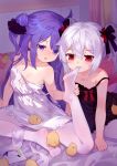  2girls absurdres animal azur_lane bangs bare_arms bare_shoulders bed_sheet bird biting black_bow black_dress black_ribbon blush bow breasts chick collarbone commentary_request dress eyebrows_visible_through_hair fang fang_out hair_between_eyes hair_bow hair_bun hair_ribbon highres manjuu_(azur_lane) multiple_girls no_shoes nose_blush one_side_up pantyhose purple_eyes purple_hair red_bow red_eyes ribbon saliva saliva_trail side_bun silver_hair sitting sleeveless sleeveless_dress small_breasts soles strap_slip tongue tongue_out tsubasa_tsubasa twintails unicorn_(azur_lane) vampire_(azur_lane) white_dress white_legwear yuri 