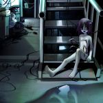  1girl barefoot black_eyes blue_tongue chain commentary_request fang highres insect_girl navel nude original puddle purple_hair red_pupils russian_commentary skin_fang stairs tile_floor tiles trash trash_can trash_pile v1v404 wire 