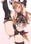  1girl absurdres armpits arms_behind_head arms_up bangs black_legwear blush breasts brown_hair crop_top granblue_fantasy green_eyes head_wings highres large_breasts leg_lift leg_up long_hair looking_at_viewer midriff navel open_mouth pm_tii_(matuko1024) simple_background smile song_(granblue_fantasy) split standing standing_on_one_leg standing_split thighhighs white_background 