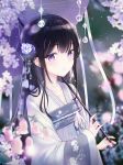  1girl bangs black_hair blurry blurry_background blurry_foreground blush chinese_clothes closed_mouth collarbone commentary_request depth_of_field eyebrows_visible_through_hair flower hair_flower hair_ornament hanfu highres holding holding_umbrella iren_lovel long_hair long_sleeves looking_at_viewer oriental_umbrella original purple_eyes purple_flower purple_umbrella rose sleeves_past_wrists smile solo umbrella very_long_hair white_flower white_rose wide_sleeves 