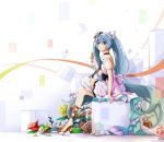  bare_back bare_shoulders blue_eyes blue_hair blush bow dress flower hair_between_eyes hair_flower hair_ornament hatsune_miku hatsune_miku_(vocaloid4)_(chinese) l-tao long_hair miku_with_you_(vocaloid) rose sitting twintails very_long_hair vocaloid 