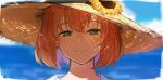  1girl bangs blurry blurry_background close-up day eyebrows_visible_through_hair face flower green_eyes hat honma_himawari horizon isshiki_(ffmania7) looking_at_viewer nijisanji orange_hair outdoors short_hair smile solo sun_hat sunflower virtual_youtuber water 