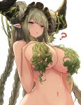  1girl ? blue_eyes braid breasts commentary_request copyright_request green_hair horns large_breasts leaf long_hair looking_at_viewer navel nude pointy_ears sessue simple_background solo twintails white_background 