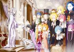  6+boys 6+girls animal_ears beatrice_(re:zero) black_headwear blonde_hair blue_eyes blue_hair bow cape chair character_request crossed_arms ddukae dress elf emilia_(re:zero) flower formal frederica_baumann garfiel_tinsel green_eyes green_hair grey_hair hair_bow hair_flower hair_ornament hair_over_one_eye hands_up hat heterochromia highres indoors lewes_meyer monocle multiple_boys multiple_girls natsuki_subaru one_knee pale_skin pantyhose petra_leyte pink_hair pointy_ears purple_legwear ram_(re:zero) re:zero_kara_hajimeru_isekai_seikatsu rem_(re:zero) roswaal_l._mathers scar scar_across_eye sitting standing striped striped_legwear suit top_hat white_cape 