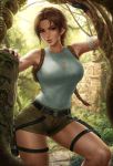  1girl armpits blurry blurry_background braid braided_ponytail brown_eyes brown_hair dirty fingerless_gloves gloves gun highres holster holstered_weapon jungle lara_croft looking_at_viewer nature parted_lips sciamano240 shirt short_shorts shorts sleeveless solo statue strap tank_top temple tomb_raider torn_clothes torn_shirt weapon 