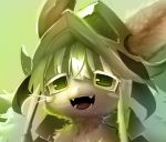 1other animal_ears fangs fluffy furry green_eyes green_theme helmet horizontal_pupils horns made_in_abyss nanachi_(made_in_abyss) open_mouth tongue v1v404 whiskers white_hair work_in_progress 