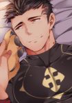  2boys arsalan_(tokyo_houkago_summoners) bara bed_sheet black_bodysuit black_hair blush bodysuit brown_fur chest couple face facial_hair fingernails hands_together highres lion_boy male_focus multiple_boys muscle sharp_fingernails short_hair solo_focus stubble tokyo_houkago_summoners upper_body yaoi yellow_eyes youzora_samo18 zabaniya_(tokyo_houkago_summoners) 