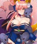  1girl animal_ear_fluff animal_ears blue_kimono breast_grab breasts detached_sleeves fate/extra fate_(series) fox_ears fox_girl fox_tail grabbing grabbing_from_behind groping horns japanese_clothes kimono large_breasts long_hair mamemix nipple_tweak nipples pink_hair single_horn tail tamamo_(fate)_(all) tamamo_no_mae_(fate) twintails yellow_eyes 