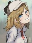  1girl artist_name bangs blonde_hair blue_eyes close-up dated eyebrows_visible_through_hair hat highres hololive hololive_english looking_at_viewer mini_necktie red_neckwear reze smile solo virtual_youtuber watson_amelia 