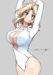  arms_up blonde_hair blue_eyes breasts bukkuri cleavage cleavage_cutout clothing_cutout cowboy_shot dated girls_und_panzer grey_background hair_intakes highres kay_(girls_und_panzer) large_breasts leotard long_hair long_sleeves shiny shiny_skin signature smile white_leotard 