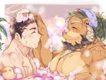  2boys ^_^ animal_ears arsalan_(tokyo_houkago_summoners) bara bare_chest bathing beard black_hair blonde_hair blush brown_fur bubble_blowing bulge chest chest_hair closed_eyes couple facial_hair fingernails furry green_hair halo hand_in_another&#039;s_hair hand_on_another&#039;s_head happy lion_boy lion_ears male_focus medium_hair multicolored_hair multiple_boys muscle nipples rubber_duck sharp_fingernails short_hair stubble tokyo_houkago_summoners towel towel_on_head two-tone_hair upper_body washing_another wet yaoi youzora_samo18 zabaniya_(tokyo_houkago_summoners) 