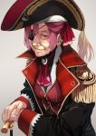  1girl black_coat cane coat commentary_request dated epaulettes eyepatch hair_ribbon hat highres hololive houshou_marine old_woman older pink_hair pirate pirate_hat re_lucy red_eyes ribbon signature solo upper_body virtual_youtuber 