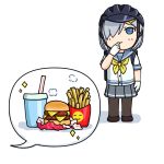  1girl 3toshinhmkz bicycle_helmet black_legwear blue_eyes blue_sailor_collar chibi commentary_request drink fast_food finger_to_mouth food french_fries full_body gloves grey_skirt hair_ornament hair_over_one_eye hairclip hamakaze_(kantai_collection) hamburger helmet kantai_collection neckerchief pantyhose pleated_skirt sailor_collar school_uniform serafuku short_hair silver_hair simple_background skirt solo speech_bubble standing white_background white_gloves yellow_neckwear 
