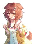  1girl :3 animal_ears ayame_(3103942) bangs blue_bow blush bone_hair_ornament bow bracelet braid breasts brown_eyes brown_hair buttons cartoon_bone chromatic_aberration cleavage closed_mouth collar collarbone dog_collar dog_ears dog_girl dog_tail dress eyebrows_visible_through_hair hair_between_eyes hair_ornament hairclip highres hololive inugami_korone jacket jewelry long_hair low_twin_braids low_twintails medium_breasts off-shoulder_jacket paw_pose raised_eyebrows red_bow red_collar simple_background smile solo tail twin_braids twintails upper_body virtual_youtuber white_background white_dress wristband yellow_jacket 