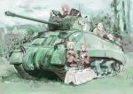  4girls absurdres artist_request assam_(girls_und_panzer) blonde_hair breasts caterpillar_tracks cloud commentary_request cup darjeeling_(girls_und_panzer) day emblem girls_und_panzer grass ground_vehicle highres house long_hair looking_at_viewer m4_sherman military military_uniform military_vehicle motor_vehicle multiple_girls orange_hair orange_pekoe_(girls_und_panzer) red_hair rosehip_(girls_und_panzer) sherman_firefly short_hair skirt sky smile st._gloriana&#039;s_(emblem) st._gloriana&#039;s_military_uniform table tank teacup teapot traditional_media uniform 
