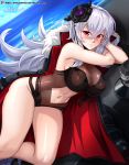  1girl absurdres azur_lane bangs black_swimsuit blush breasts cleavage clothing_cutout covered_nipples crossed_bangs eyebrows_visible_through_hair flower fur_trim graf_zeppelin_(azur_lane) graf_zeppelin_(beachside_urd)_(azur_lane) hair_between_eyes hair_flower hair_ornament hat headwear_removed highres large_breasts long_hair looking_at_viewer lying navel navel_cutout on_side one-piece_swimsuit outdoors parted_lips patreon_logo patreon_username peaked_cap red_eyes see-through shiny shiny_skin signature silver_hair solo stomach swimsuit very_long_hair vilde_loh_hocen 
