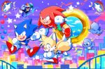  3boys :d aimf bird city flicky furry gloves heavy_gunner_(sonic) jewelry knuckles_the_echidna male_focus multiple_boys open_mouth red_footwear ring robot shoes smile sneakers sonic sonic_mania sonic_the_hedgehog sonic_the_hedgehog_(classic) tails_(sonic) white_gloves 