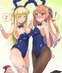  ! 2girls animal_ears asymmetrical_docking black_legwear black_neckwear blonde_hair blue_leotard bow bowtie breast_press breasts brown_eyes bunny_ears bunny_tail cleavage closed_eyes commentary_request cowboy_shot detached_collar double_bun eighth_note fake_animal_ears fishnet_legwear fishnets fletcher_(kantai_collection) gradient gradient_background highres johnston_(kantai_collection) kantai_collection large_breasts leotard light_brown_hair long_hair medium_breasts multiple_girls musical_note pantyhose playboy_bunny remodel_(kantai_collection) spoken_exclamation_mark spoken_musical_note strapless strapless_leotard tail takashi_(nougyou) thighhighs two_side_up wrist_cuffs 