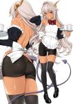  1girl apron ass bangs bare_back bike_shorts black_footwear black_legwear cup dark_skin detached_sleeves dragon_girl dragon_horns dragon_tail enjou_kouhai_oshiego_wa_elf_ryuu_ningyo_jinrou grey_hair grin hair_intakes highres horns long_hair looking_at_viewer maid mary_janes shoes silver_hair simple_background smile solo tail takunomi thighhighs tray ursula_(takunomi) white_apron white_background 