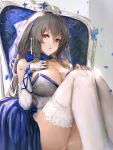  1girl azur_lane bangs bare_shoulders breasts china_dress chinese_clothes cleavage cross cross_earrings dress earrings elbow_gloves eyebrows_visible_through_hair fingerless_gloves gloves grey_hair hair_between_eyes hand_on_own_chest hand_on_own_knee highres jewelry knees_up konnichiwa_kanemura lace-trimmed_legwear lace_trim large_breasts long_hair mole mole_under_eye parted_lips red_eyes saint-louis_(azur_lane) saint-louis_(brilliant_paladin)_(azur_lane) sitting sleeveless sleeveless_dress solo thighhighs white_dress white_gloves white_legwear 