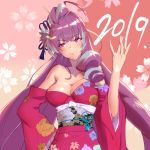  1girl 2019 bare_shoulders breasts cleavage don_(rg06268) hand_on_hip happy_new_year impossible_clothes japanese_clothes kimono looking_at_viewer macross macross_delta medium_breasts mikumo_guynemer new_year purple_hair red_eyes solo walkure_(macross_delta) 