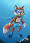  anthro bottomwear canid canine clothing fox hi_res lucky_the_fox male mammal sagadreams scuba shorts solo super_lucky&#039;s_tale swimming swimming_trunks swimwear underwater water young 