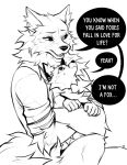  ... 2020 ? anthro canid canine canis cheek_tuft clothed clothing comic dialogue duo english_text facial_tuft falvie fox fur hi_res inner_ear_fluff male mammal monochrome simple_background speech_bubble text tuft white_background wolf 